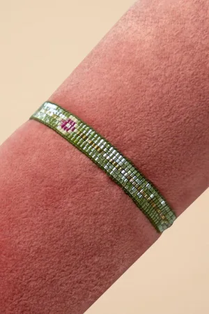 Pink Powder Beaded Bracelet Narrow - Olive/ With Diamond