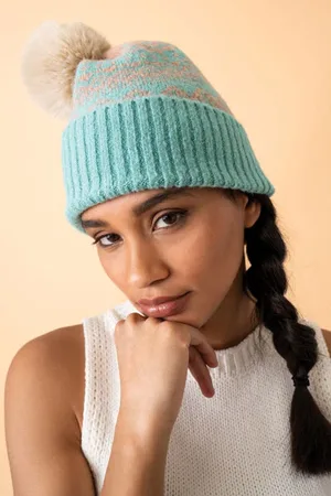 Pink Powder Thora Bobble Hat In Aqua And