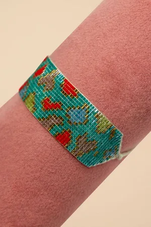 Pink Powder Beaded Bracelet Wide - Leopard - Aqua