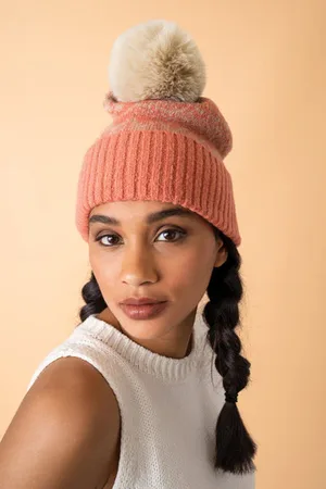 Pink Powder Thora Bobble Hat In And Taupe