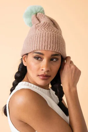 Pink Powder Ingrid Bobble Hat In And Aqua