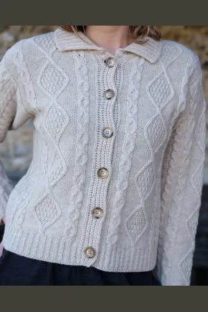 Bibico Agnes Pure Lambswool Aran Cardigan - Linen - Large