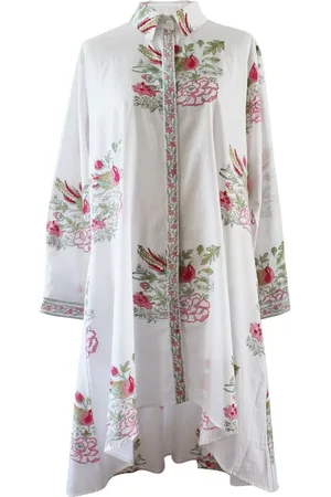 POWELL Block Printed Floral Bird Cotton Shirt Dress 