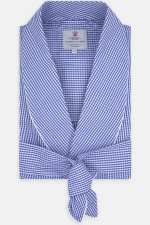 Turnbull & Asser Mid Blue Gingham Check Piped Cotton Gown