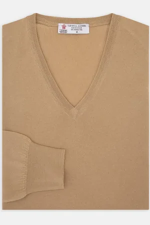 Turnbull & Asser Camel V-Neck Merino Wool Jumper