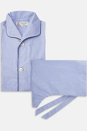 Turnbull & Asser Blue Bengal Stripe Piped Cotton Pyjama Set