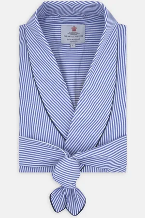 Turnbull & Asser Blue Bengal Stripe Piped Cotton Gown