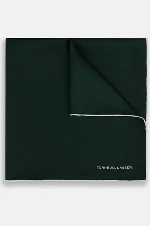 Turnbull & Asser DARK GREEN AND ECRU PIPED SILK POCKET SQUARE