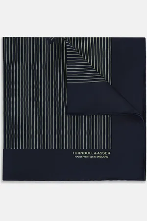 Turnbull & Asser Navy and Melon Green Stripe Silk Pocket Square