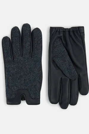 Turnbull & Asser Navy Herringbone Tweed Cashmere-Lined Leather Gloves