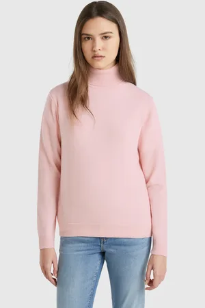 Benetton Benetton, Powder Pink Turtleneck Sweater In Pure Merino Wool, size XL, , Women