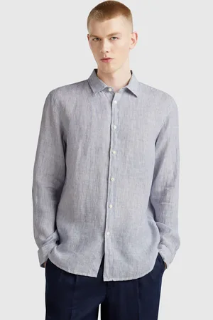 Benetton Benetton, Blue Patterned Shirt In Pure Linen, size XXL, , Men