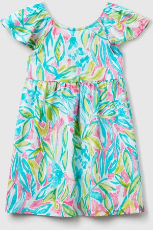 Benetton Benetton, Green Dress With Tropical Print, size 5-6, , Kids