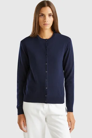 Benetton Benetton, Midnight Blue Crew Neck Cardigan In Pure Merino Wool, size M, , Women