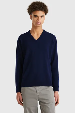 Benetton Benetton, Midnight Blue V-neck Sweater In Pure Merino Wool, size XL, , Men