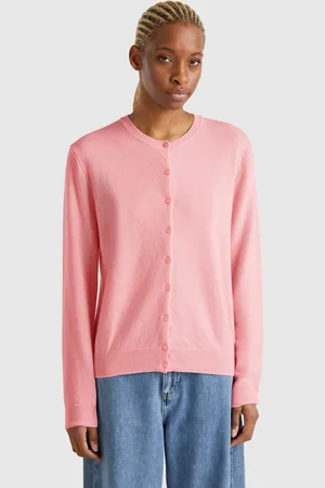 Benetton Benetton, Powder Pink Crew Neck Cardigan In Pure Merino Wool, size M, , Women