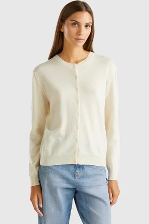 Benetton Benetton, Cream Crew Neck Cardigan In Pure Merino Wool, size XL, , Women