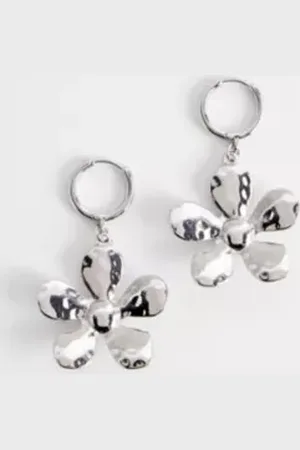 Silence + Noise Hammered Flower Drop Hoop Earrings