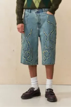 ED HARDY UO Exclusive Blue Flame Appliqué Shorts