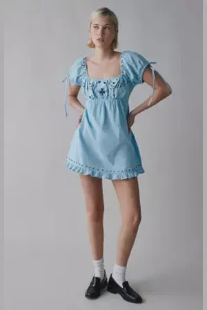 Kimchi Blue Marcella Embroidered Tie-Back Babydoll Mini Dress