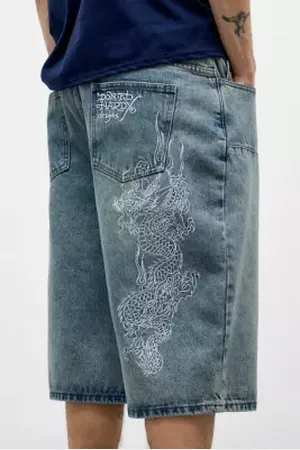 ED HARDY UO Exclusive Blue Double Knee Dragon Shorts