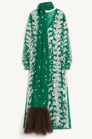 VALENTINO DRESS IN EMBROIDERED ORGANZA AND FEATHER FRINGES Woman 38