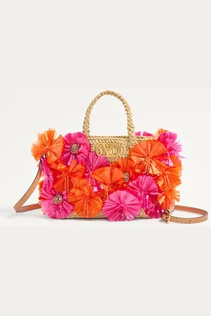 VALENTINO GARAVANI SMALL RAFFIA SHOPPING BAG WITH FLOWERS AND BEADS Woman UNI