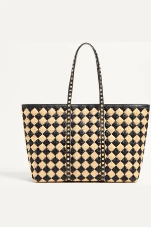 VALENTINO GARAVANI GARAVANI ROCKSTUD EMBROIDERED SHOPPING BAG IN RAFFIA Woman UNI