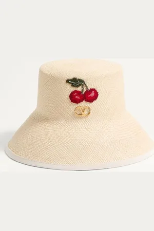 VALENTINO GARAVANI VLOGO SIGNATURE STRAW BUCKET HAT WITH LEATHER TRIM AND CHERRYFIC EMBROIDERY Woman L