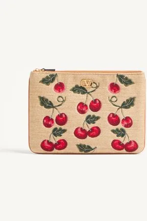VALENTINO GARAVANI VLOGO SIGNATURE POUCH IN JACQUARD RAFFIA WITH CHERRYFIC PATTERN Woman UNI