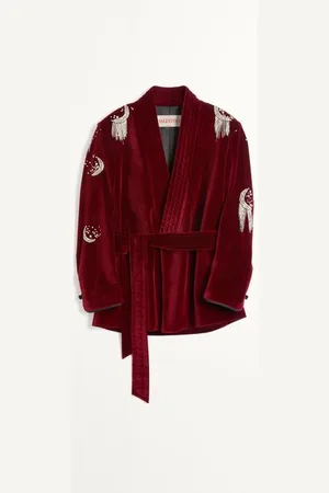 VALENTINO COTTON VELVET BELT JACKET WITH RHINESTONE AND BEAD EMBROIDERY Man 46