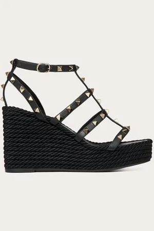 VALENTINO GARAVANI ROCKSTUD ANKLE STRAP WEDGE SANDAL IN CALFSKIN LEATHER 95 MM Woman 34