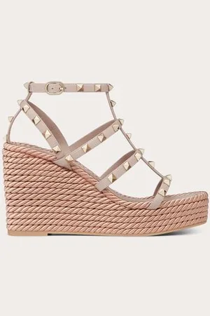 VALENTINO GARAVANI ROCKSTUD ANKLE STRAP WEDGE SANDAL IN CALFSKIN LEATHER 95 MM Woman 34