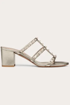 VALENTINO GARAVANI ROCKSTUD METALLIC CALFSKIN LEATHER SLIDE SANDAL 60 MM Woman 34.5