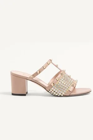VALENTINO GARAVANI ROCKSTUD CALFSKIN SLIDE SANDAL WITH STRASS EMBROIDERY 60MM Woman 36.5