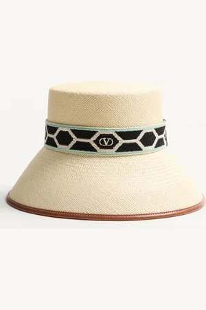 VALENTINO GARAVANI ANTIBES STRAW BUCKET HAT WITH LEATHER TRIM AND DIAMOND PATTERN RIBBON Woman L