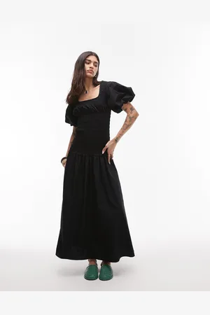 Topshop Puff Sleeve Square Neck Shirred Midi Dress