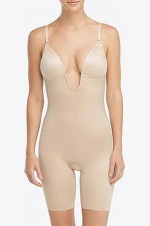 Spanx Medium Control Plunge Low Back Mid Thigh Bodysuit - Soft Nude