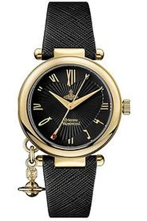 Vivienne Westwood Ladies Orb Heart Black And Gold Detail Charm Dial Black Leather Strap Watch