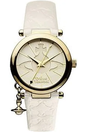 Vivienne Westwood Orb Ii White And Gold Logo Dial Gold Plated Case And Charm White Leather Strap Ladies Watch