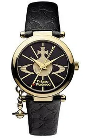 Vivienne Westwood Orb Ii Black And Gold Logo Dial Gold Plated Case And Charm Black Leather Strap Ladies Watch