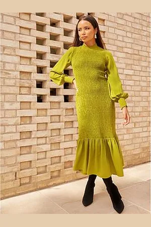 Chi Chi London Long Sleeve Shirred Maxi Dress In
