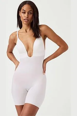 Spanx Suit Your Fancy Plunge Low Back Mid Thigh Bodysuit - Linen