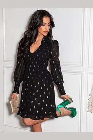 Pour Moi Izzy Shirred Bodice Long Sleeve Chiffon Dress
