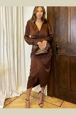 Tan Pleated Wrap Cowl Neck Satin Midi Dress – AX Paris