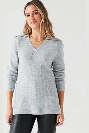 Very Collared V Neck Fitted Jumper - Grey