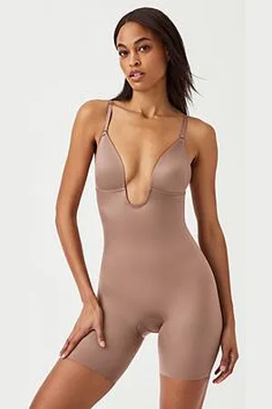 Spanx Suit Your Fancy Plunge Low Back Mid Thigh Bodysuit - CafÉ Au Lait