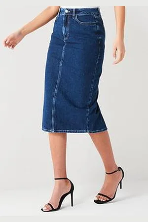 Very High Waist Denim Midi Skirt - Midi Wash