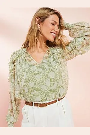 Very Long Sleeve Crinkle Chiffon Ruffle V Neck Blouse