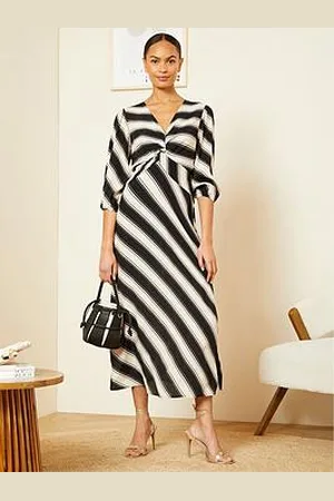 Love & Roses Stripe Twist Front Midi Dress - Black / White